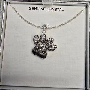 Silver Brass Crystal Pendant - Paw Print - Black, Gray, Silver Crystals